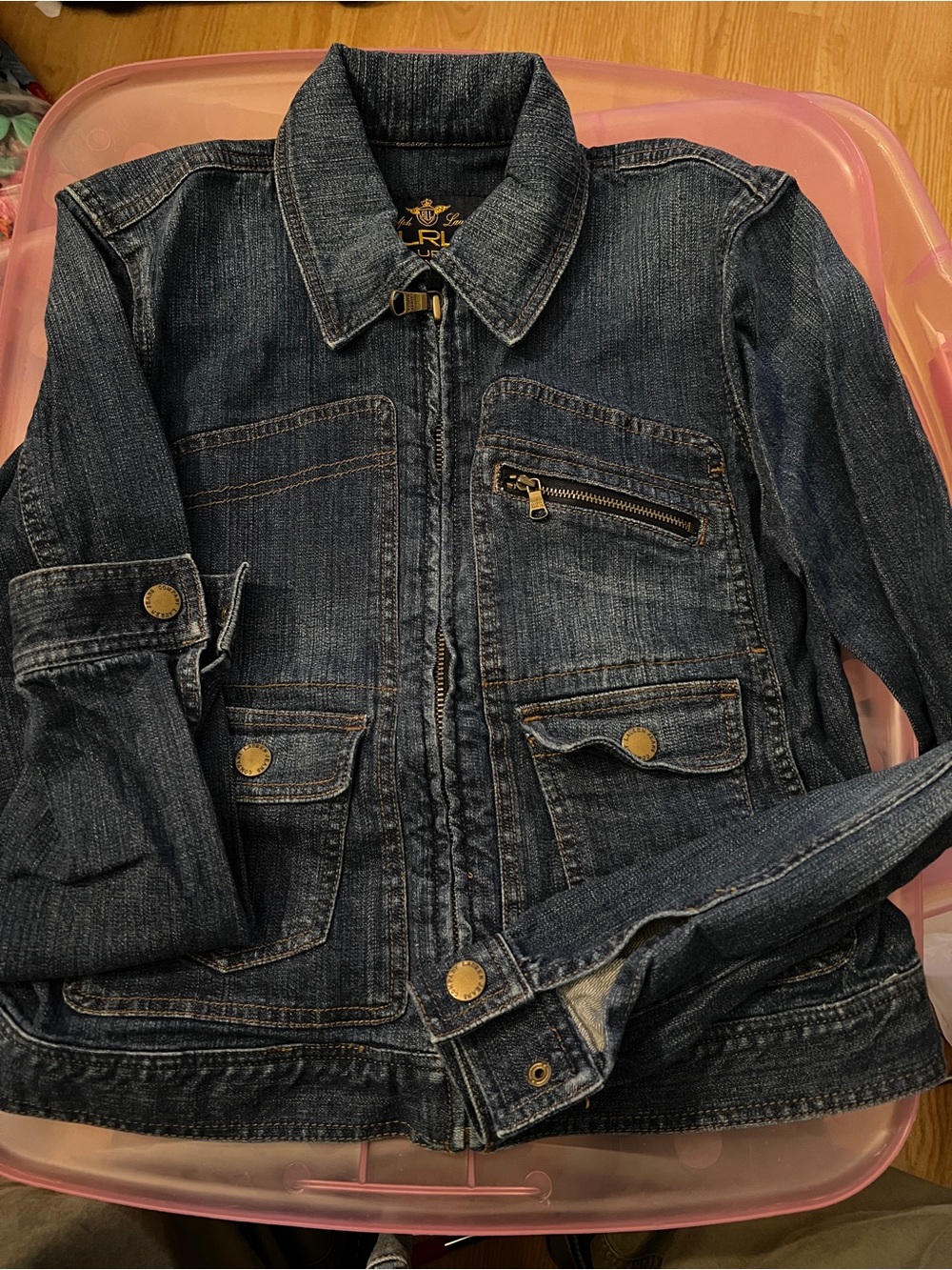 Lauren Ralph Lauren Dark Blue Denim Jacket with Zip & Button Details Y2K